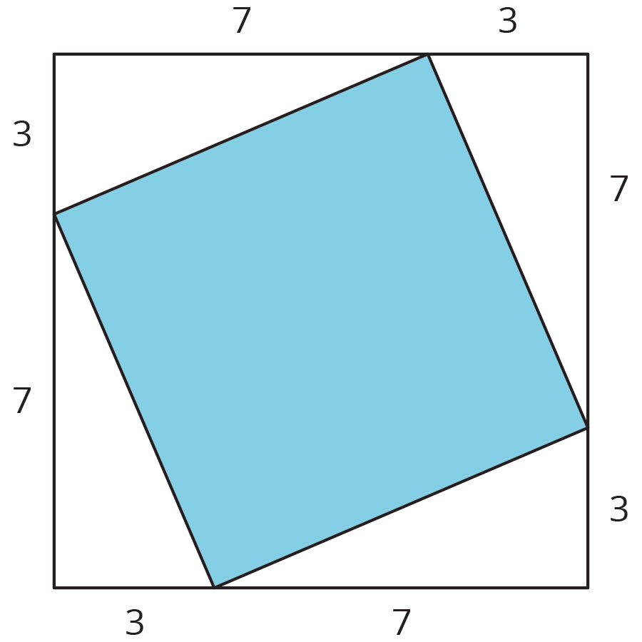 Tilted blue square inside of a square forming right triangles in each corner with leg lengths of 3 and 7.
