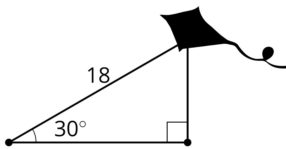 String = hypotenuse = 18 feet. angle with the ground = 30 degrees. Perpendicular height unknown.