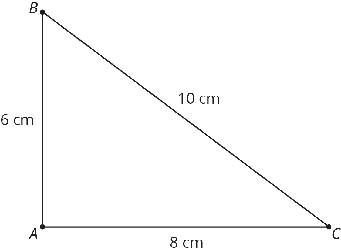 Triangle A, B, C. Side A, B has length 6 centimeters, side A, C has length 8 centimeters, side B C has length 10 centimeters.