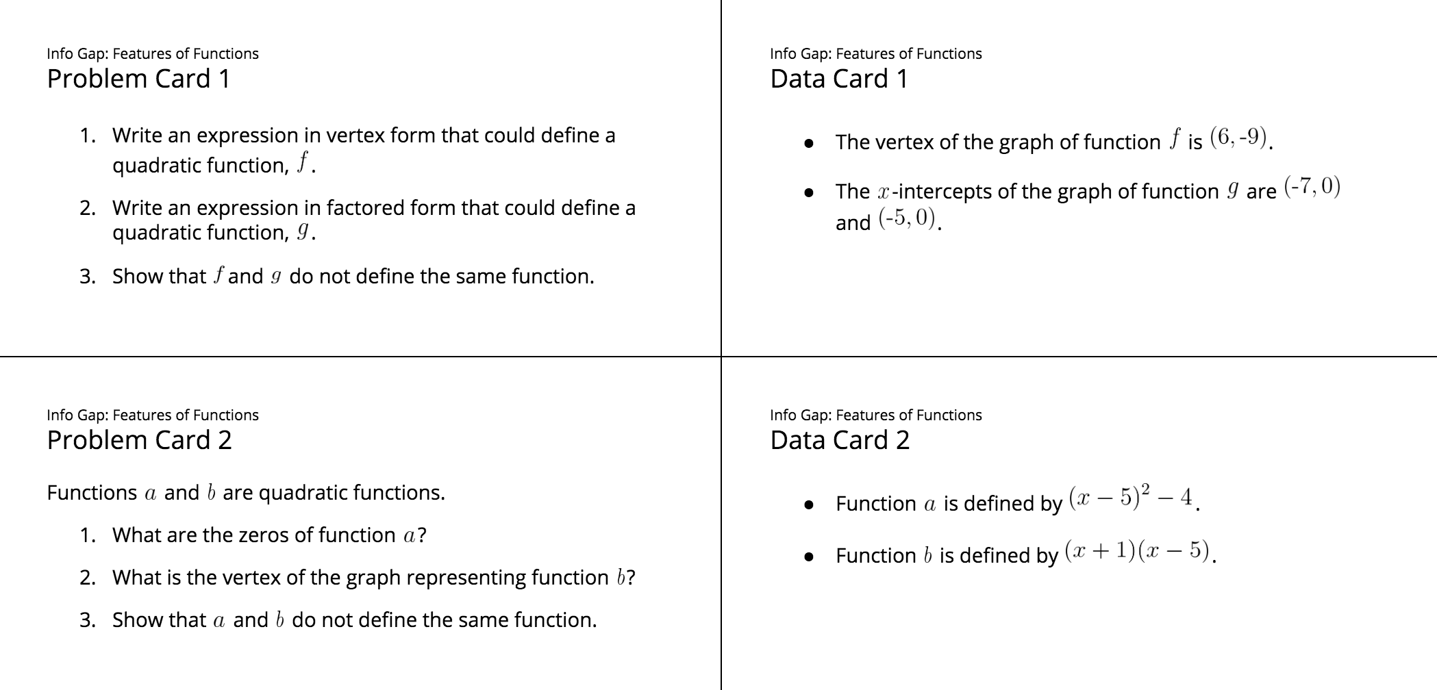 4 info gap cards; features of functions.