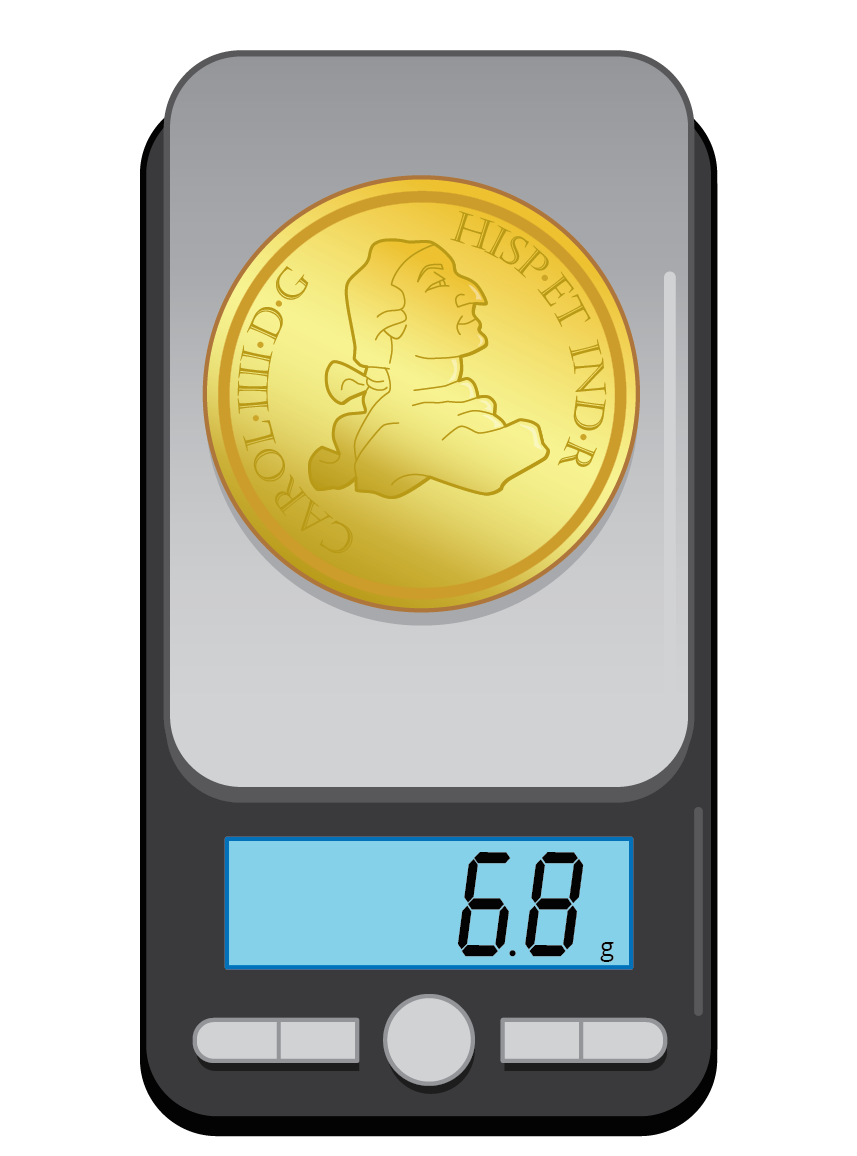 Image of a doubloon on a scale showing 6 and 8 tenths gram.