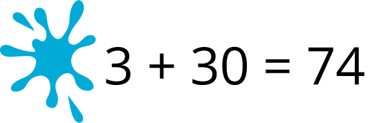 Equation with missing tens digit. Smudged tens digit, 3 ones, plus 30, equals 74.