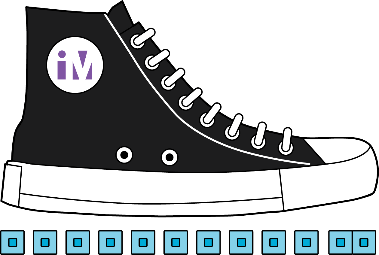 Shoe. Underneath from toe to heel, 12 connecting cubes all the same size, most cubes have space in between.
