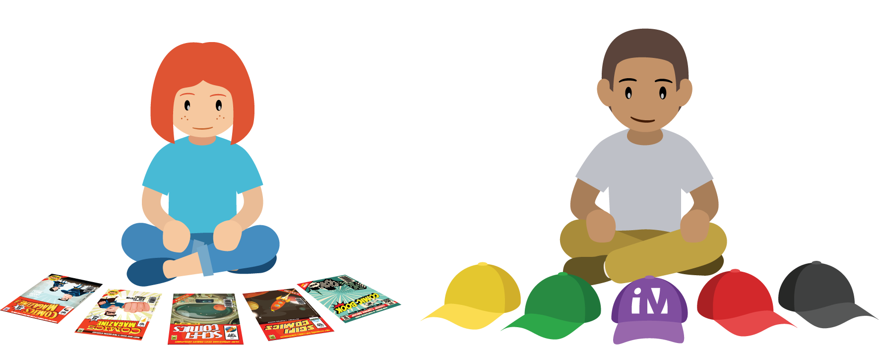 students with comic books and hats