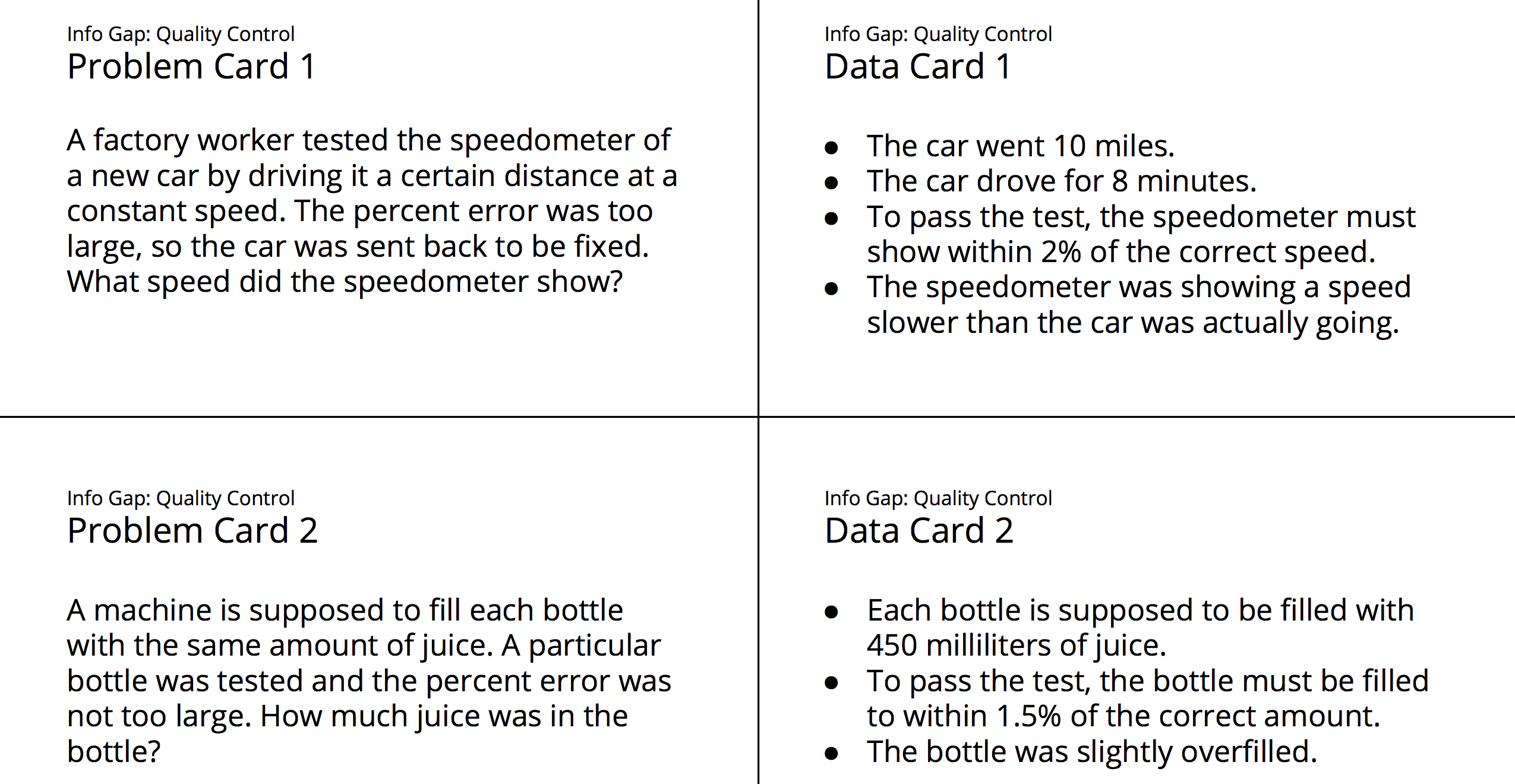 Info Gap: Quality Control. Problem and Data Cards.