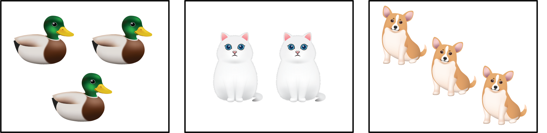 Animal Groups. 3 ducks, 2 cats, 3 dogs.