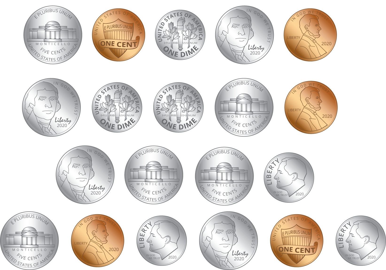 6 dimes, 9 nickels, 5 pennies.