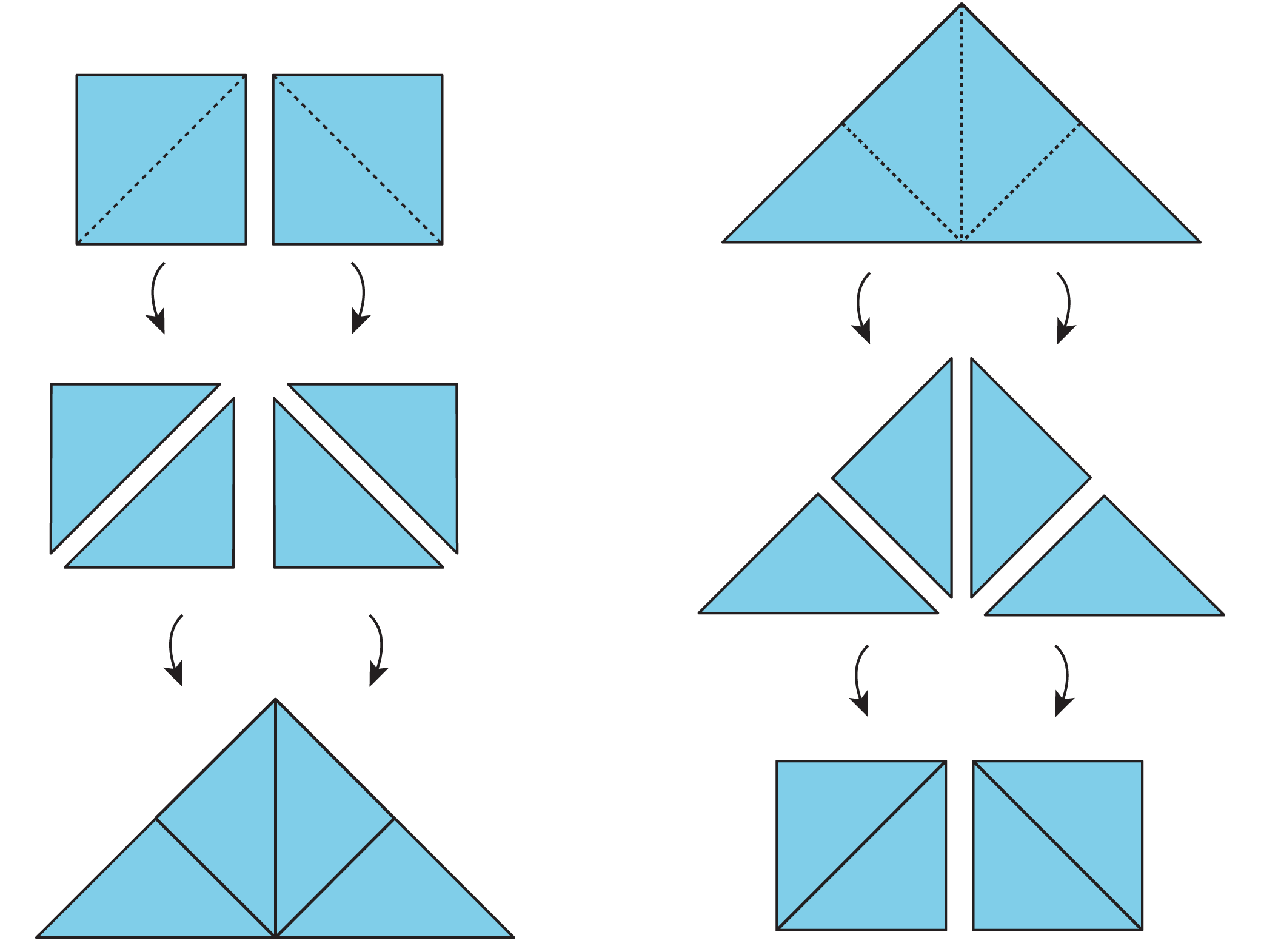 Images of squares and triangles being decomposed and composed to form different shapes.