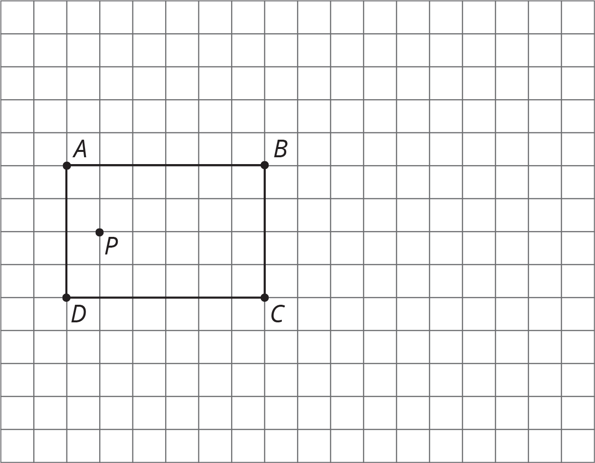Rectangle A B C D and point P on a square grid. Let the lower left corner be (0 comma 0). Then A B C D is A(2 comma 9), B(8 comma 9), C(8 comma 5) and D(2 comma 5) and point P is P(3 comma 7).
