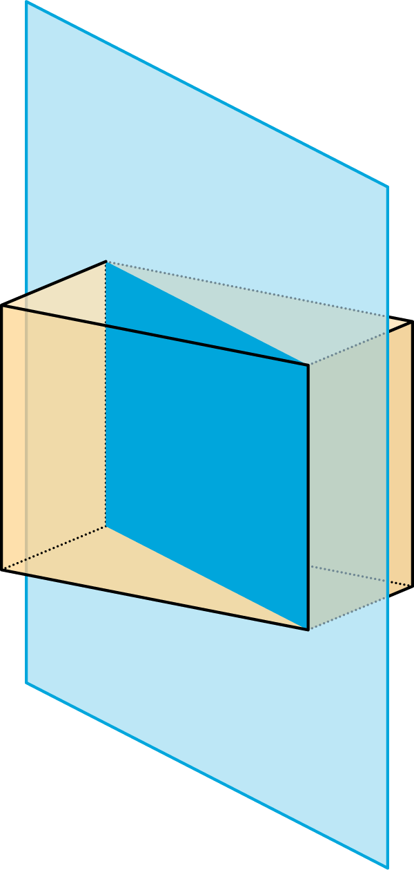 A vertical plane cuts the prism diagonally.