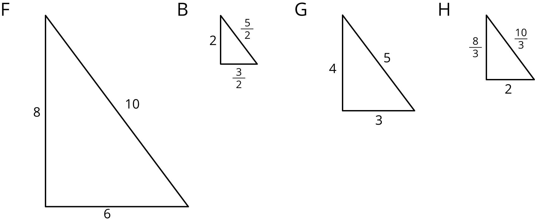 Four right triangles labeled F, B, G, and H.