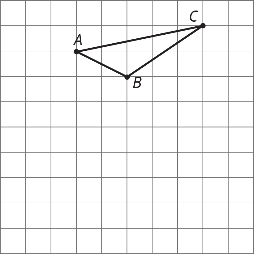 Triangle A B C on a grid. Let (0 comma 0) be the bottom left corner. Then the coordinates of triangle A B C are A(3 comma 8), B(5 comma 7) and C(8 comma 9).
