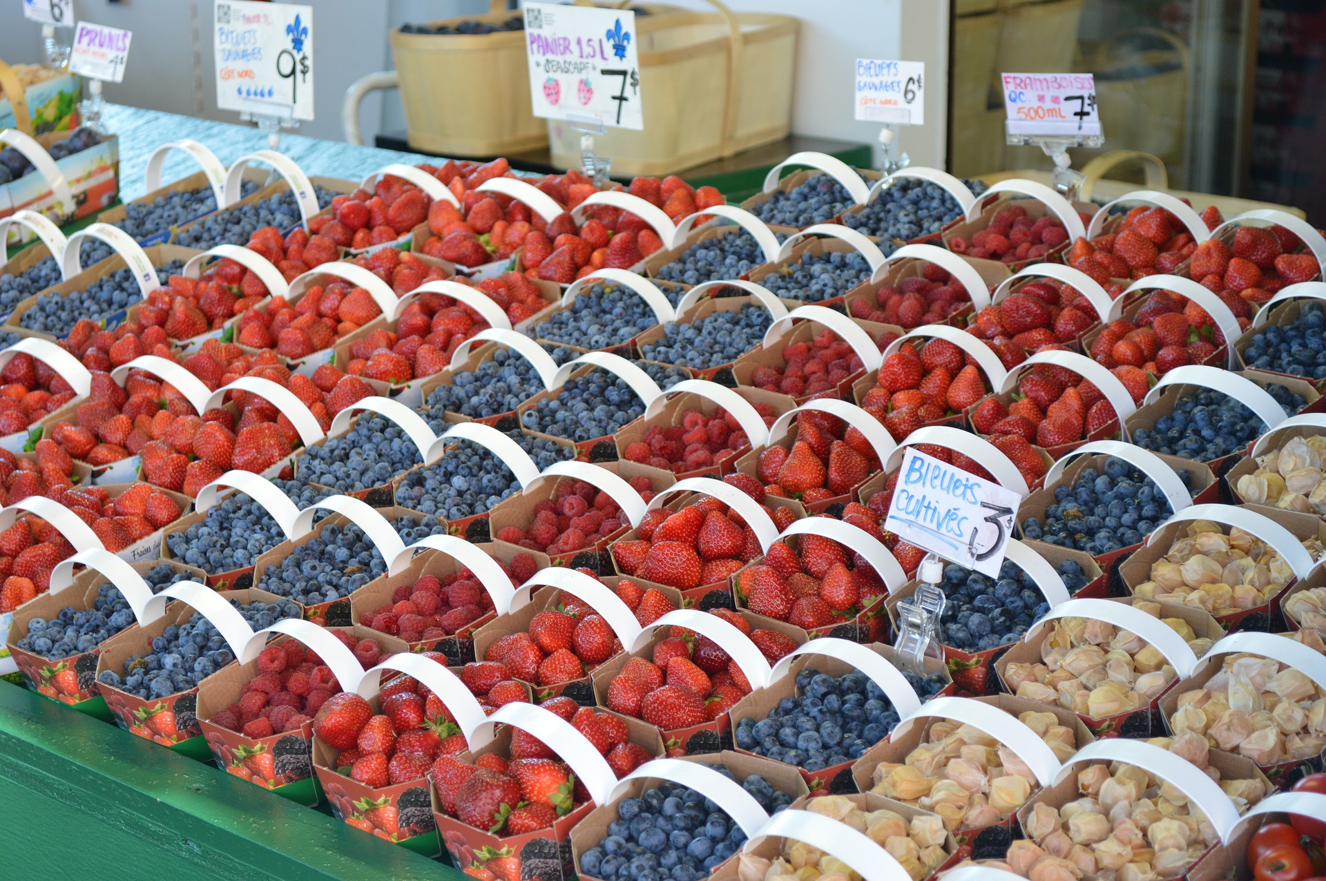 Baskets of strawberries and blueberries
