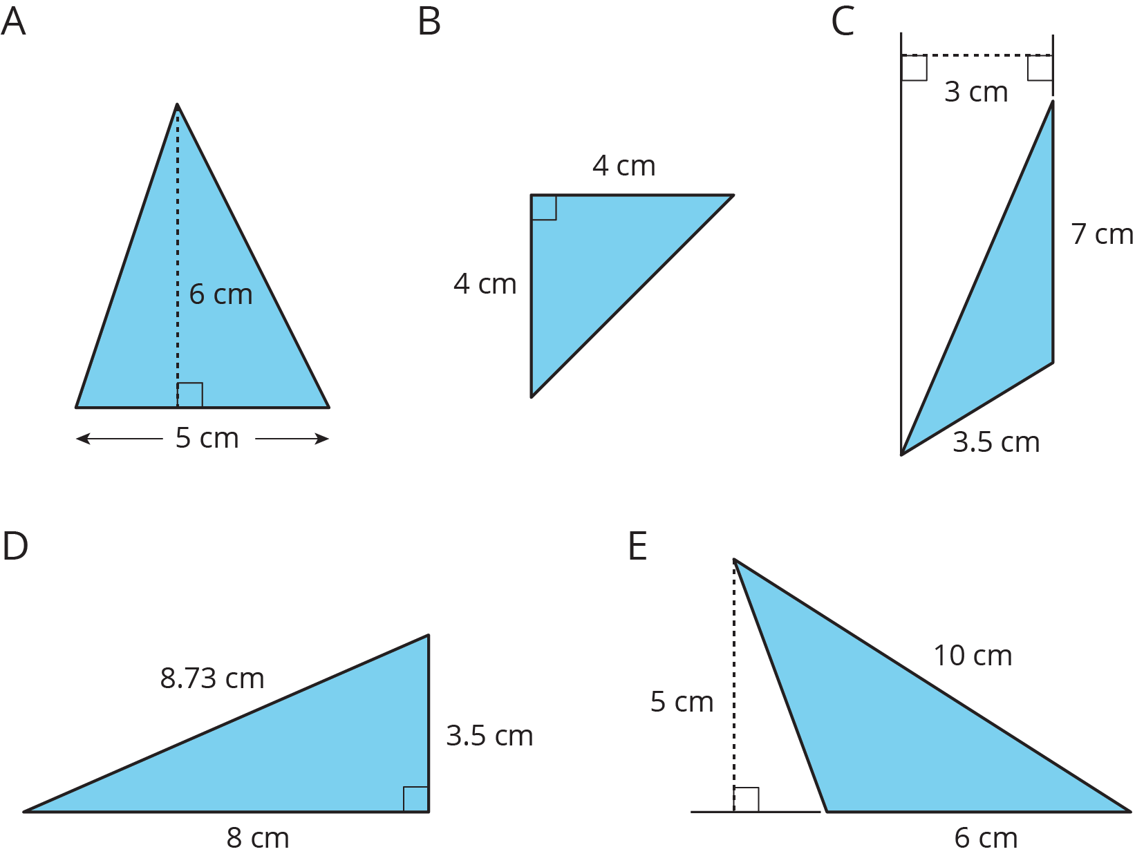 Five triangles, labeled A, B, C, D, and E.