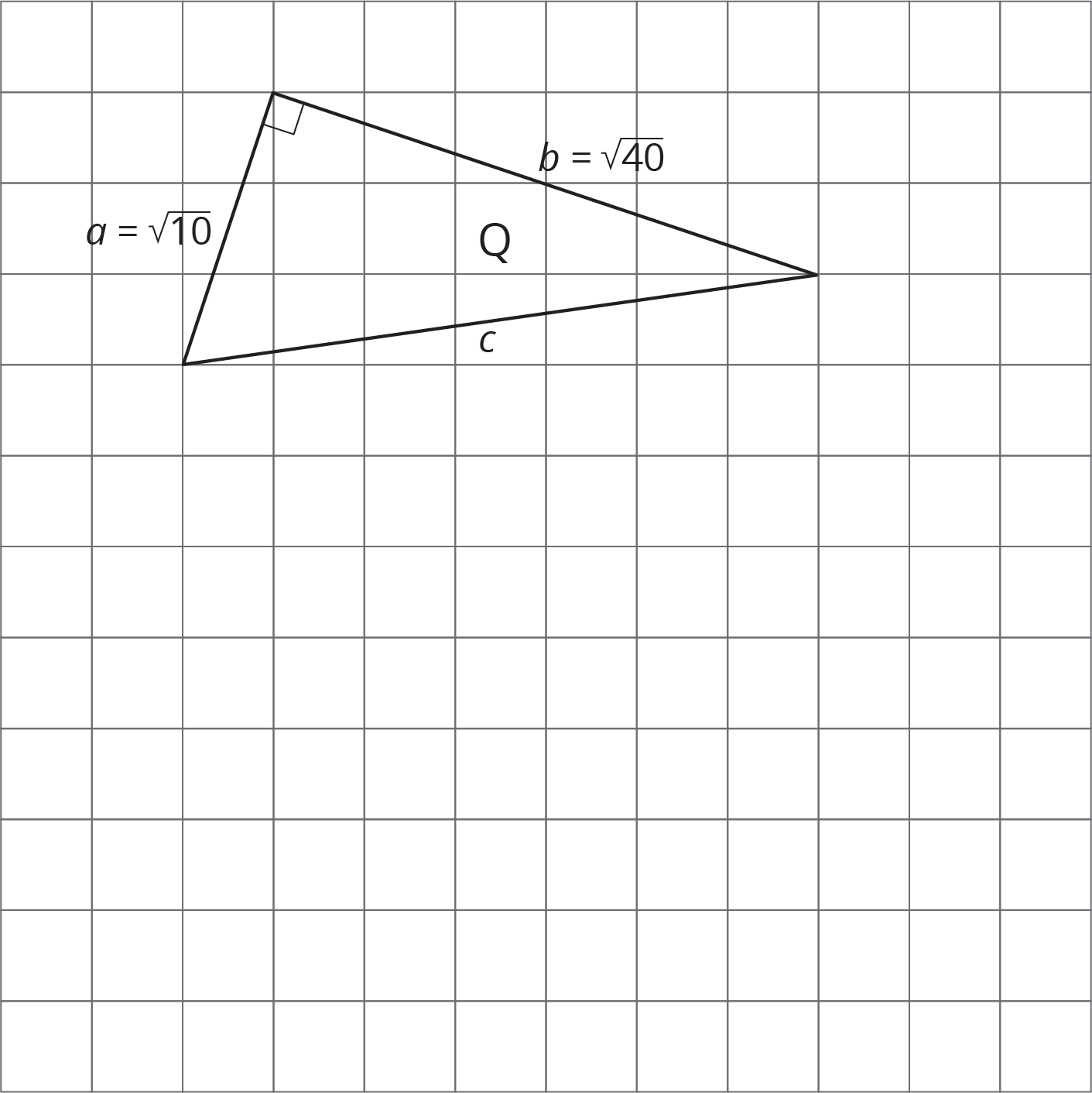 Right triangle, Q. a = square root 10, b = square root 40. hypotenuse = c.