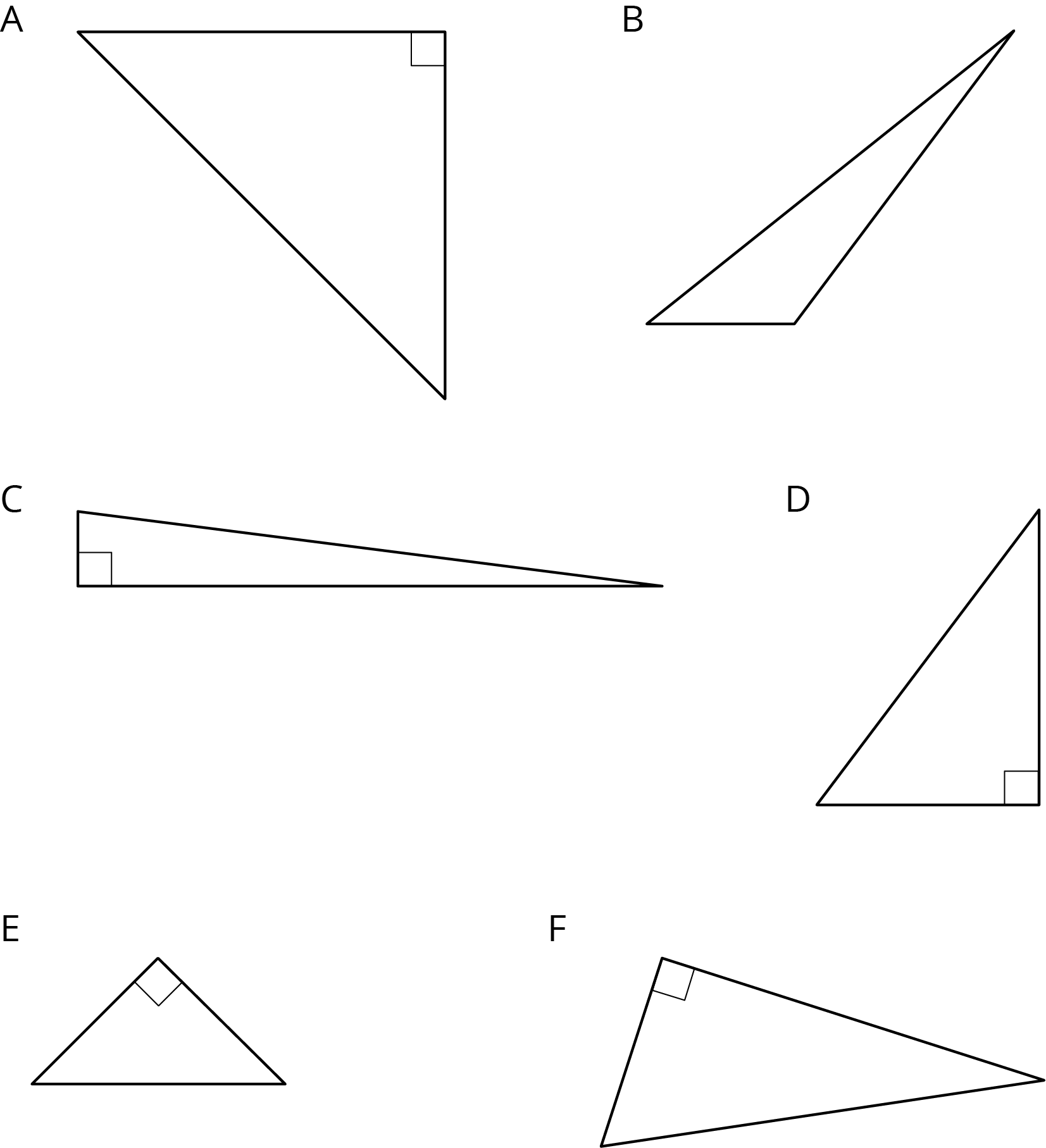 5 triangles labeled A, B, C, D, E. B is only triangle without right angle.