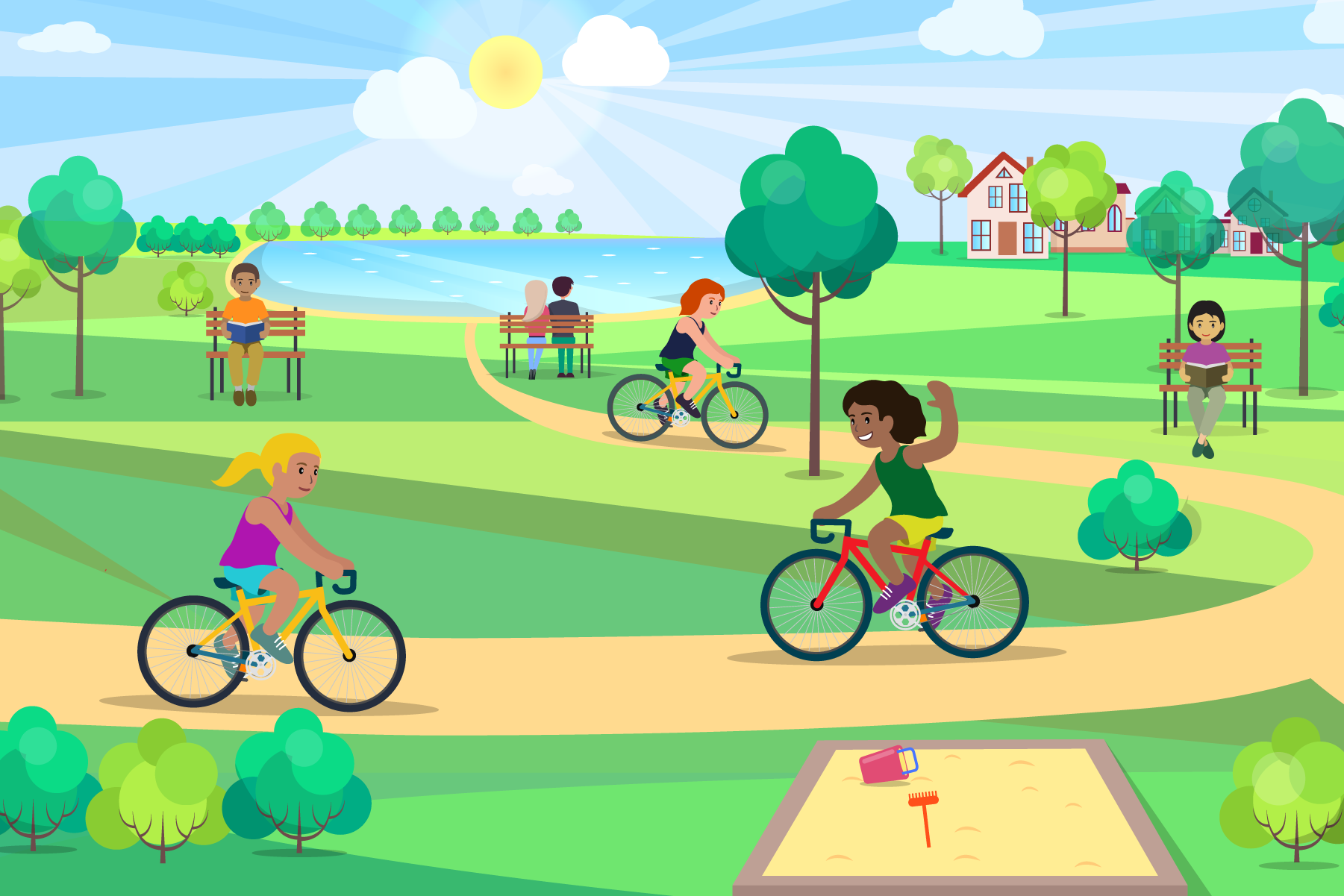 People in a park. Riding bikes. Sitting on a bench.