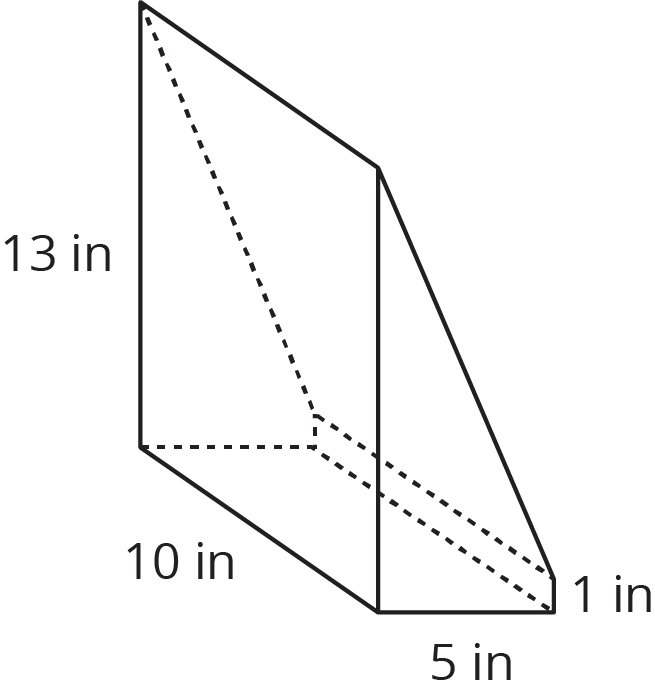 A right trapezoidal prism. Each base is a trapezoid with bases 13 inches and 1 inch, height 5 inches. The prism has height 10 inches.