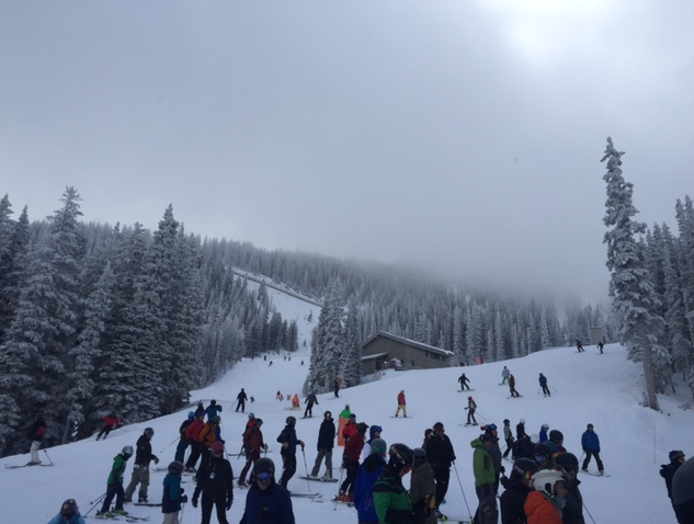 A picture of people skiing on a hill.