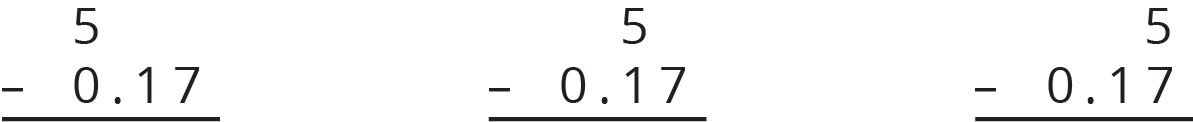 Three set-ups for the subtraction calculation 5 subtract 0 point 1 7.