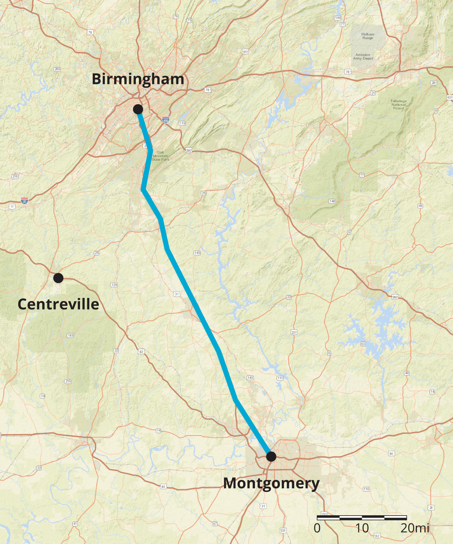 A map of a part of Alabama.