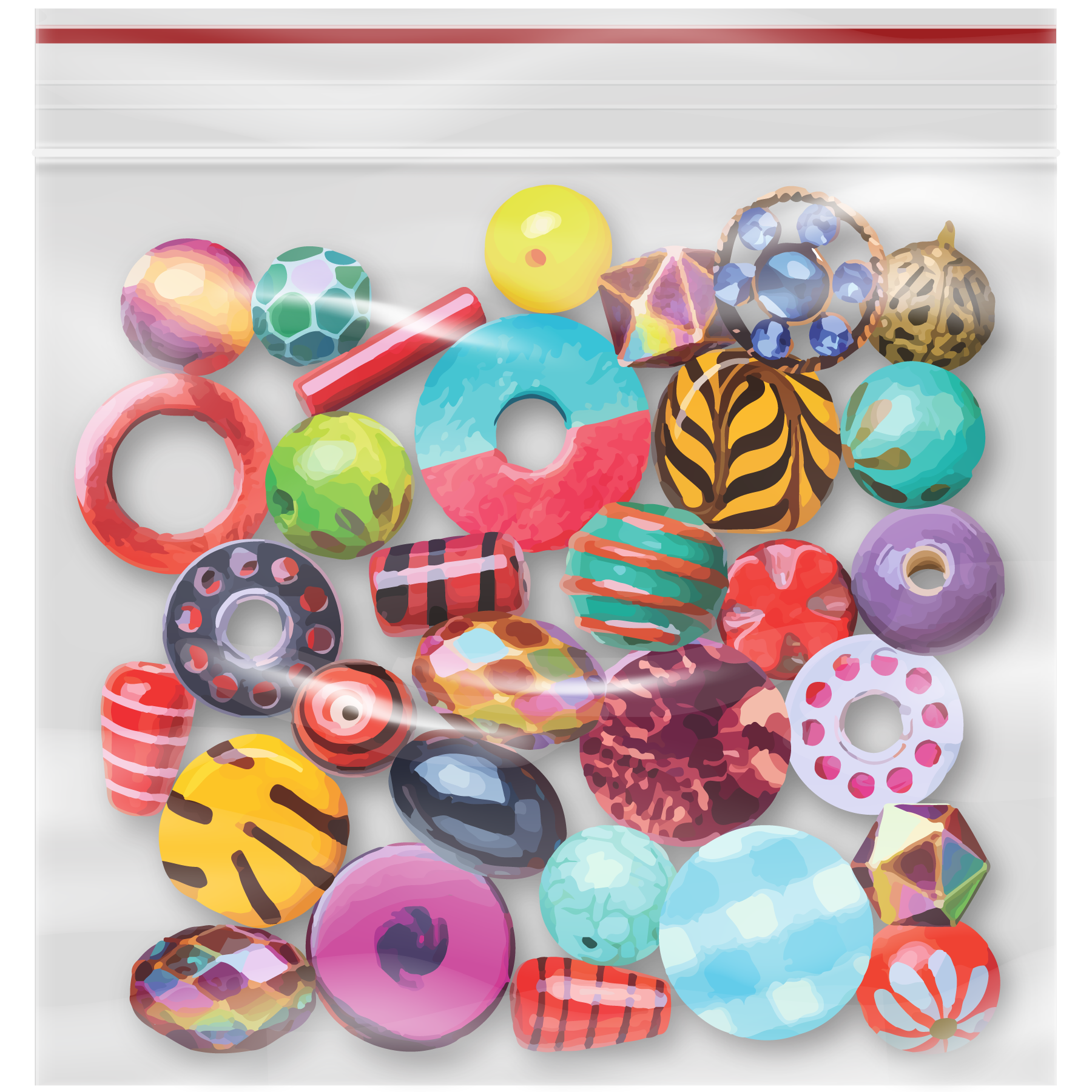 Bag with beads, different shapes, sizes, colors, and patterns.
