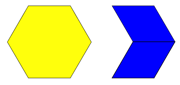 A diagram of two figures made of pattern blocks. The figure on the left is of one yellow hexagon and the figure on the right is of two blue rhombuses alinged along one vertical side.