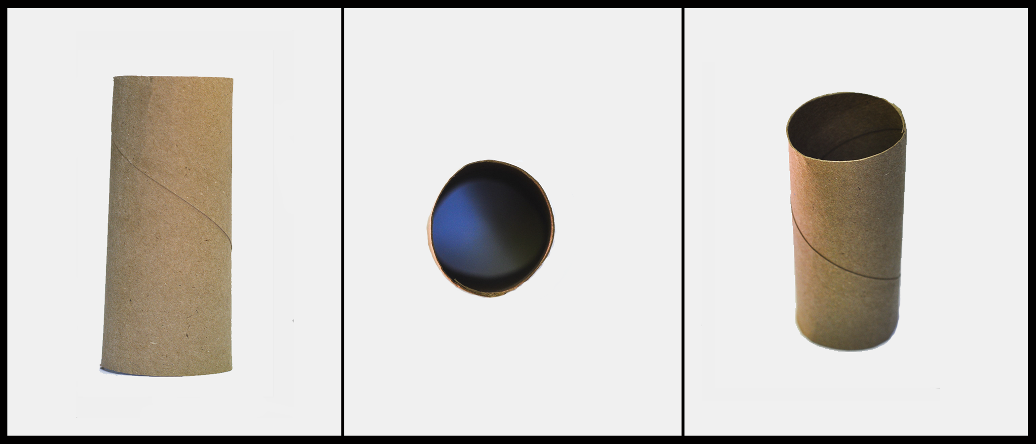 Three different views of a circular shaped toilet paper tube.
