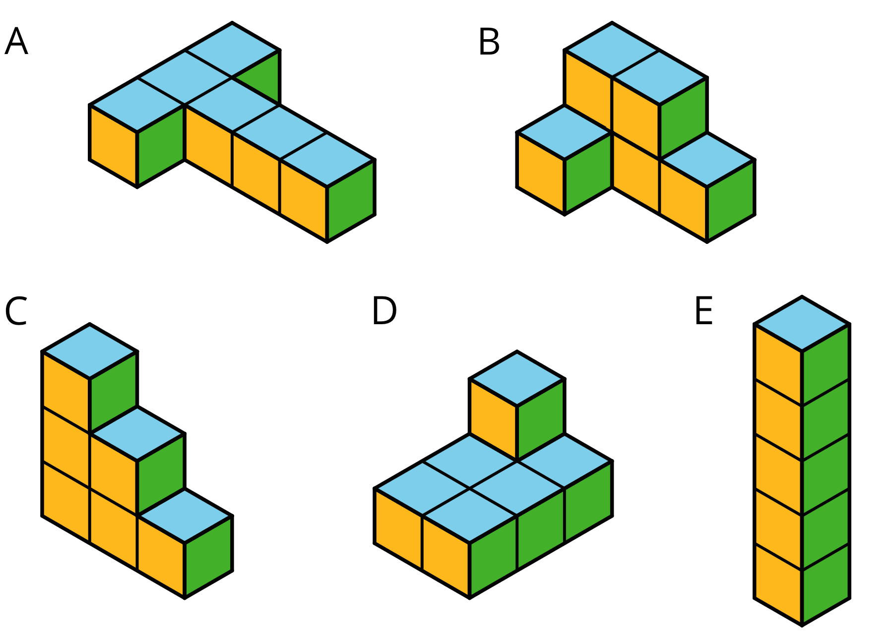 5 figures composed of unit cubes, labeled A, B, C, D, E.