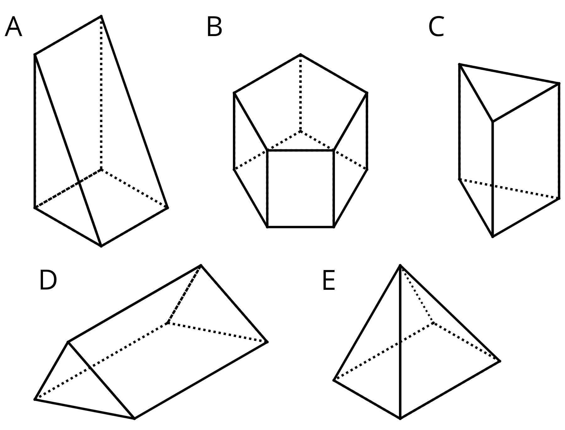 Five figures representing three dimensional solids labeled A through E.