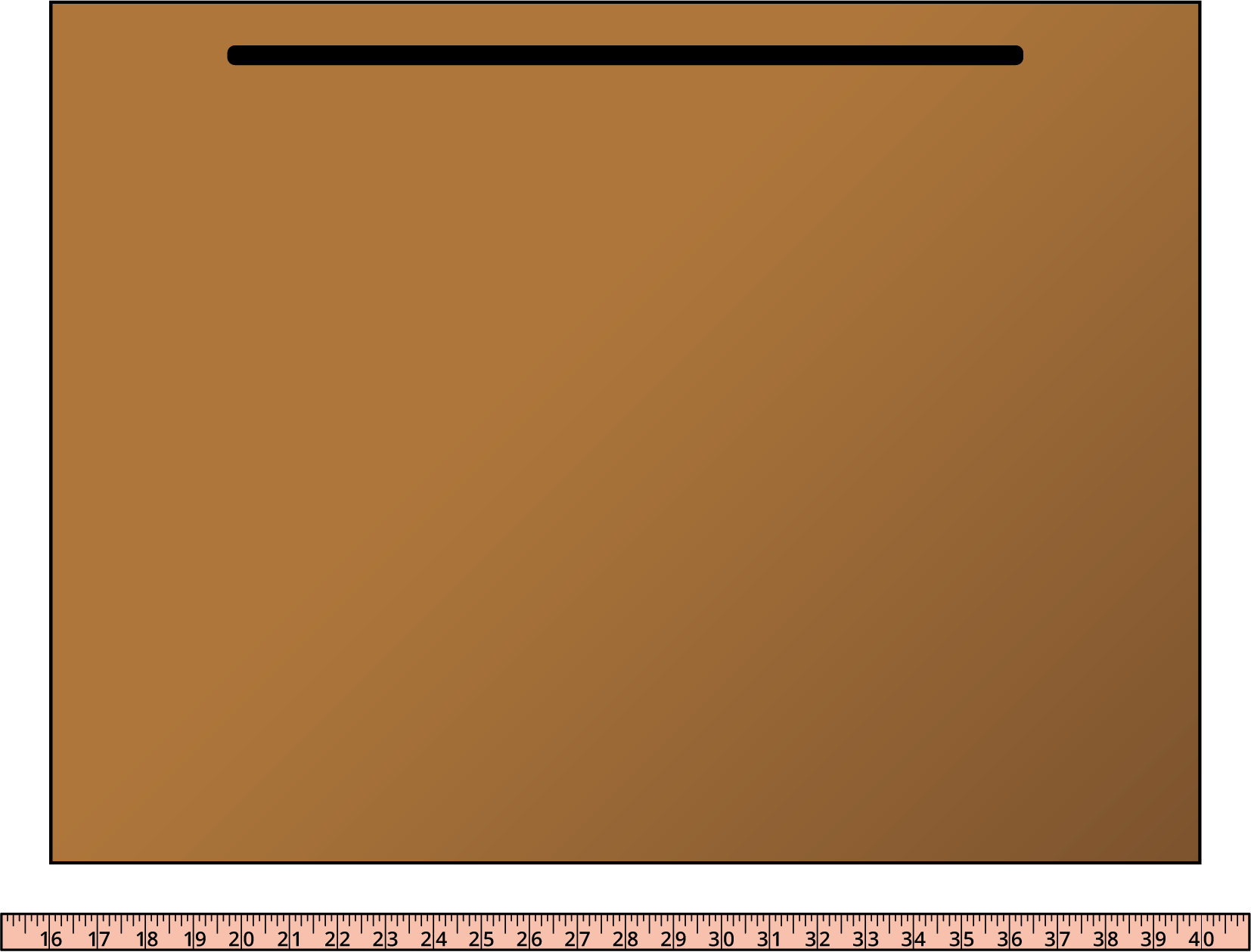 Measuring tape, 16to 40, by ones, measuring the long side of a desktop. Long side begins on tape at 16 and ends at 40.