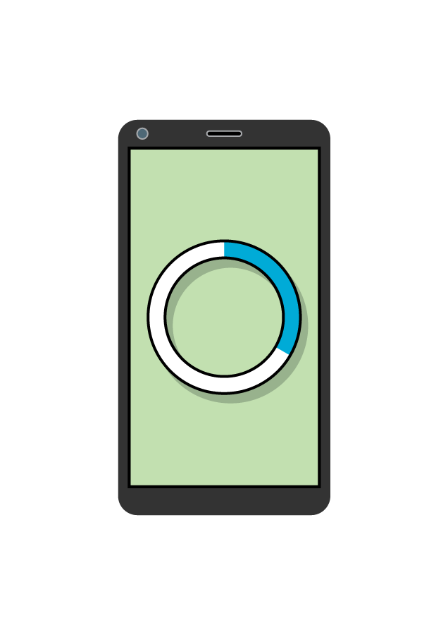 Drawing of smartphone. White circle with blue shading partially filled in.