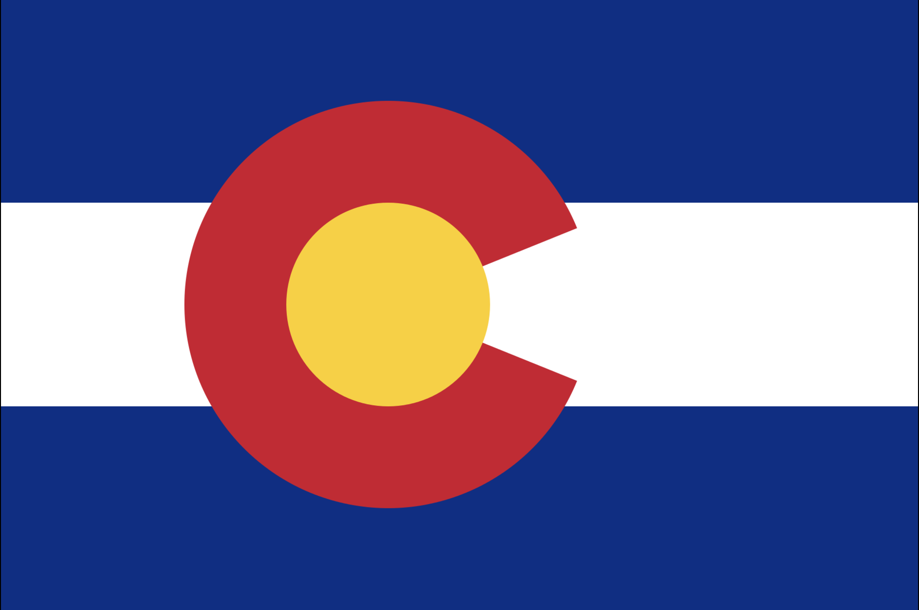 The Colorado State flag has three equal horizontal stripes, blue, white, blue. In the center, a red C surrounds a yellow circle.