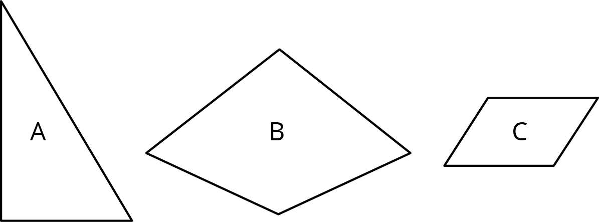 Image of three polygons, A, B and C. A is a right triangle, B is a polygon and C is a parallelogram.