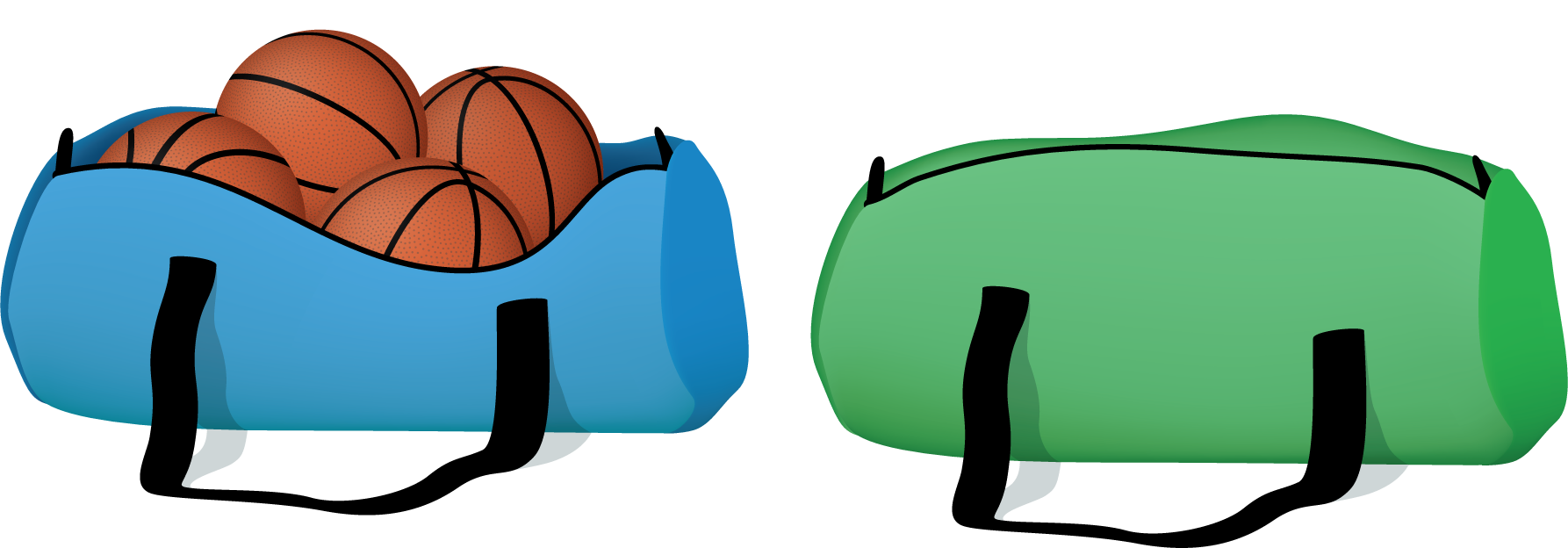 2 sports bags. 4 basketballs in one bag. Other bag, zipped closed.