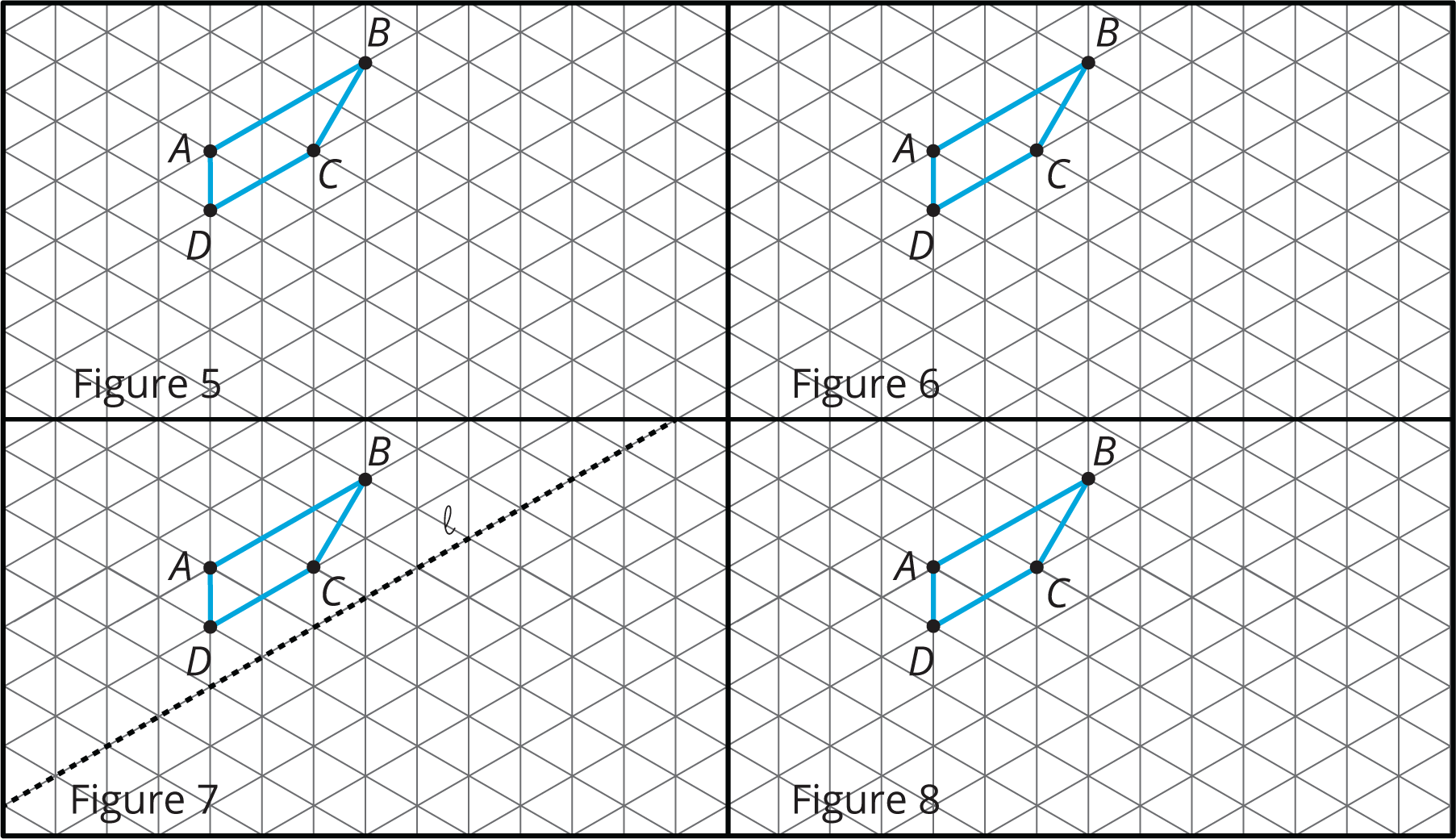 Four identical quadrilateral A B C D figures on a triangular grid.