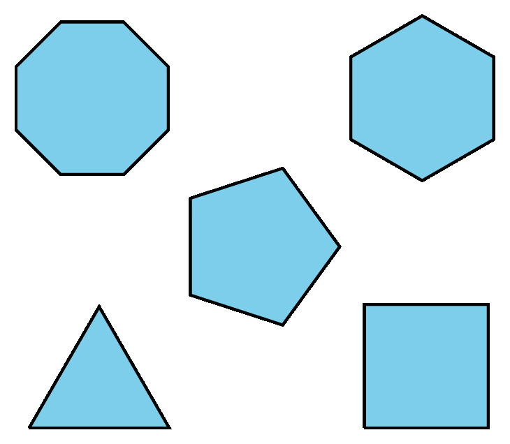 Request a tactile. Five regular polygons: A triangle, a square, a pentagon, a hexagon, and an octagon.