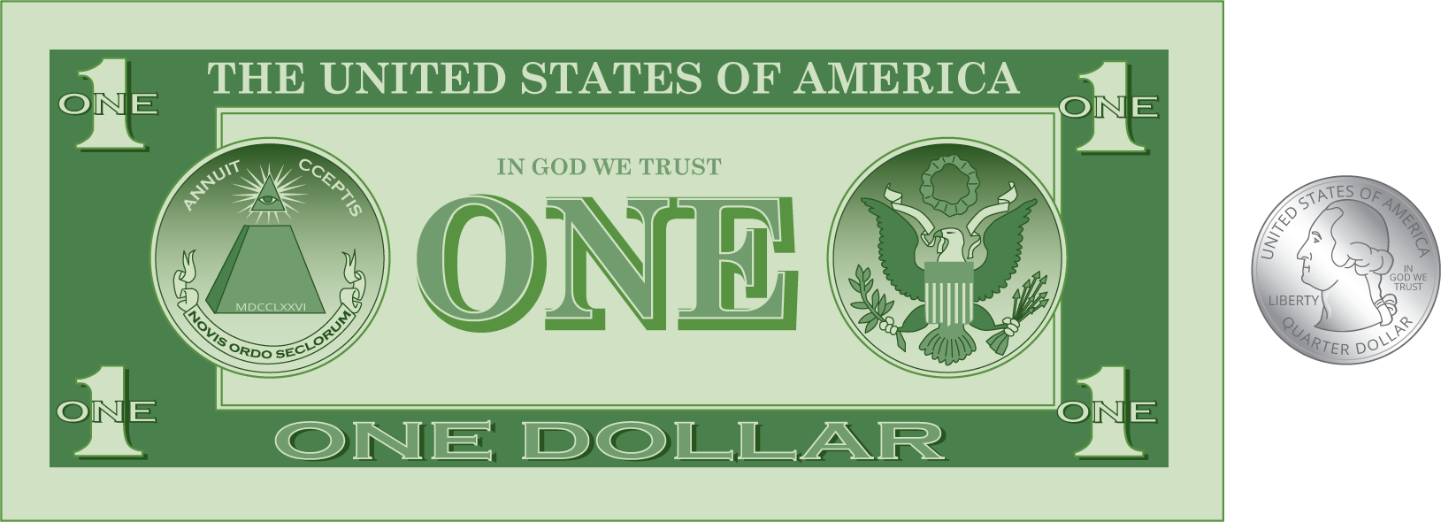 One dollar bill, one quarter.