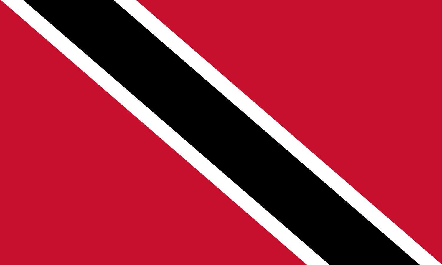 The flag of Trinidad and Tobago: a red rectangle with a black stripe outlined with narrow white stripe from upper left corner to lower right corner.