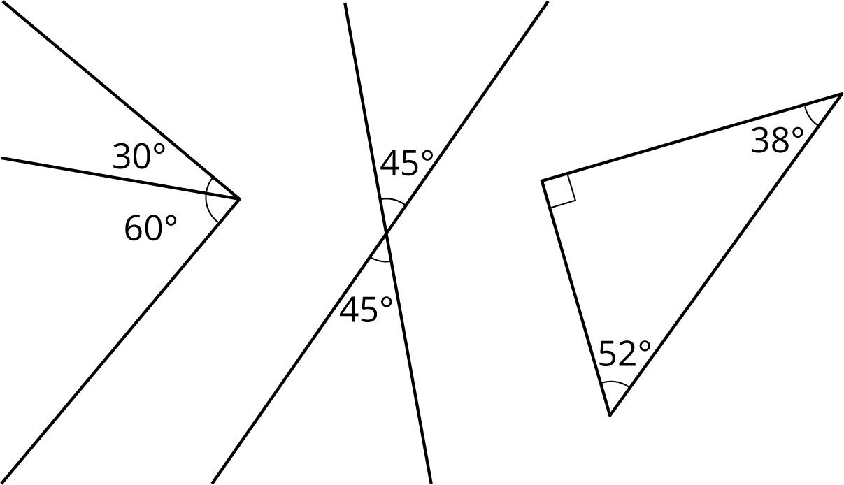 Three images. First, adjacent angles, 30 degrees, 60 degrees. Second, non-adjacent angels formed by two lines, 45 degrees. Third, a triangle, angles 90 degrees, 38 degrees, 52 degrees.