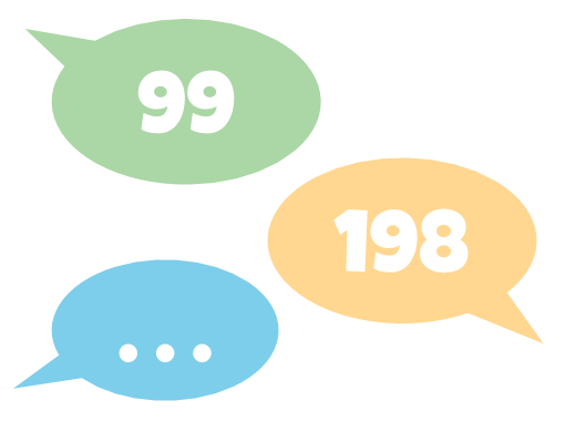 image of 3 text bubble. ninety 9. 1 hundred ninety 8. dot, dot, dot.