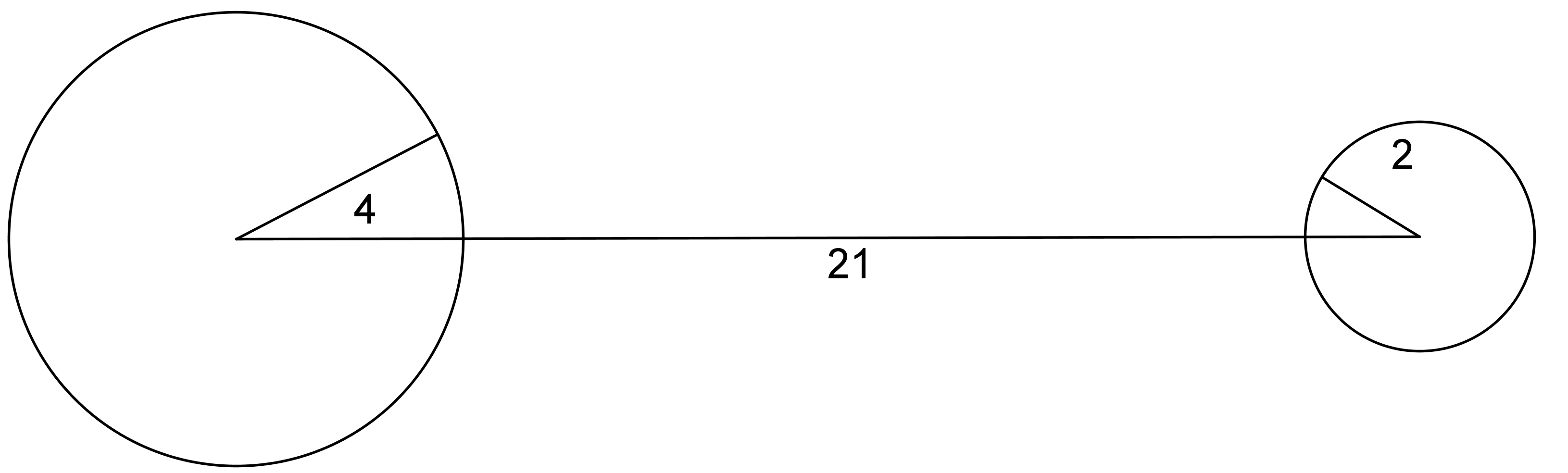 A segment 21 units long. A segment 4 units long is hinged on the left end and rotated to draw a circle, a segment 2 inches long is hinged on the right end and rotated to draw a circle.