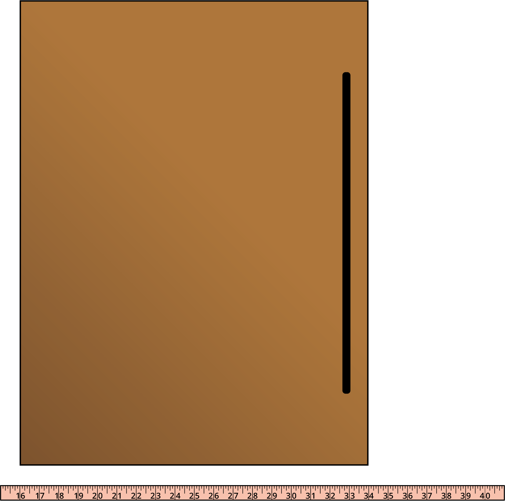 Measuring tape, from 16 to 40, by ones, measuring short side of a desk. Short side begins on tape at 16 and ends at 34.