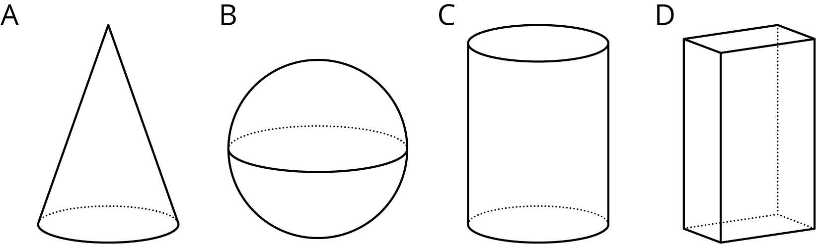 Four different, three-dimensional shapes labeled A, B, C, and D. Shape "A" is a cone; Shape "B" is a sphere; Shape "C" is a cylinder; Shape "D" is a rectangular prism.