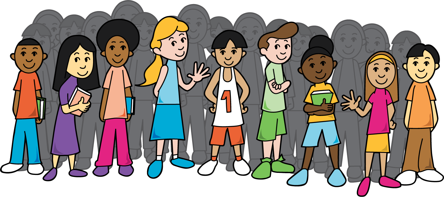 Animated drawing of 9 students.