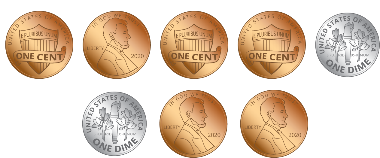 6 pennies. 2 dimes.