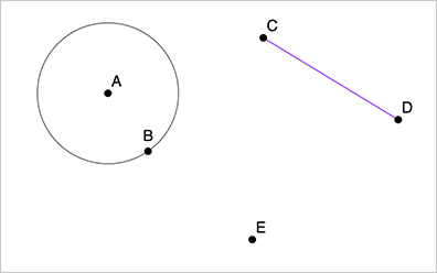 A rectangle with point E, line segment CD, circle A, and point B on the circle.