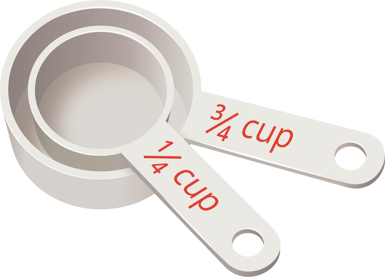 2 stacked measuring cups labeled one fourth cup and three fourths cup.