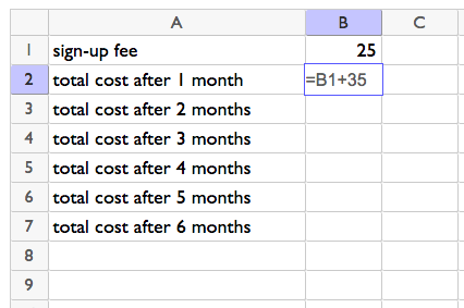 Spreadsheet with rows 1 to 7 and columns A and B. Rows in column A contain sign-up fee, total cost after 1 month, total cost after 2 months, and so on until 6 months. B1 contains 25. B2 contains =B1+35.