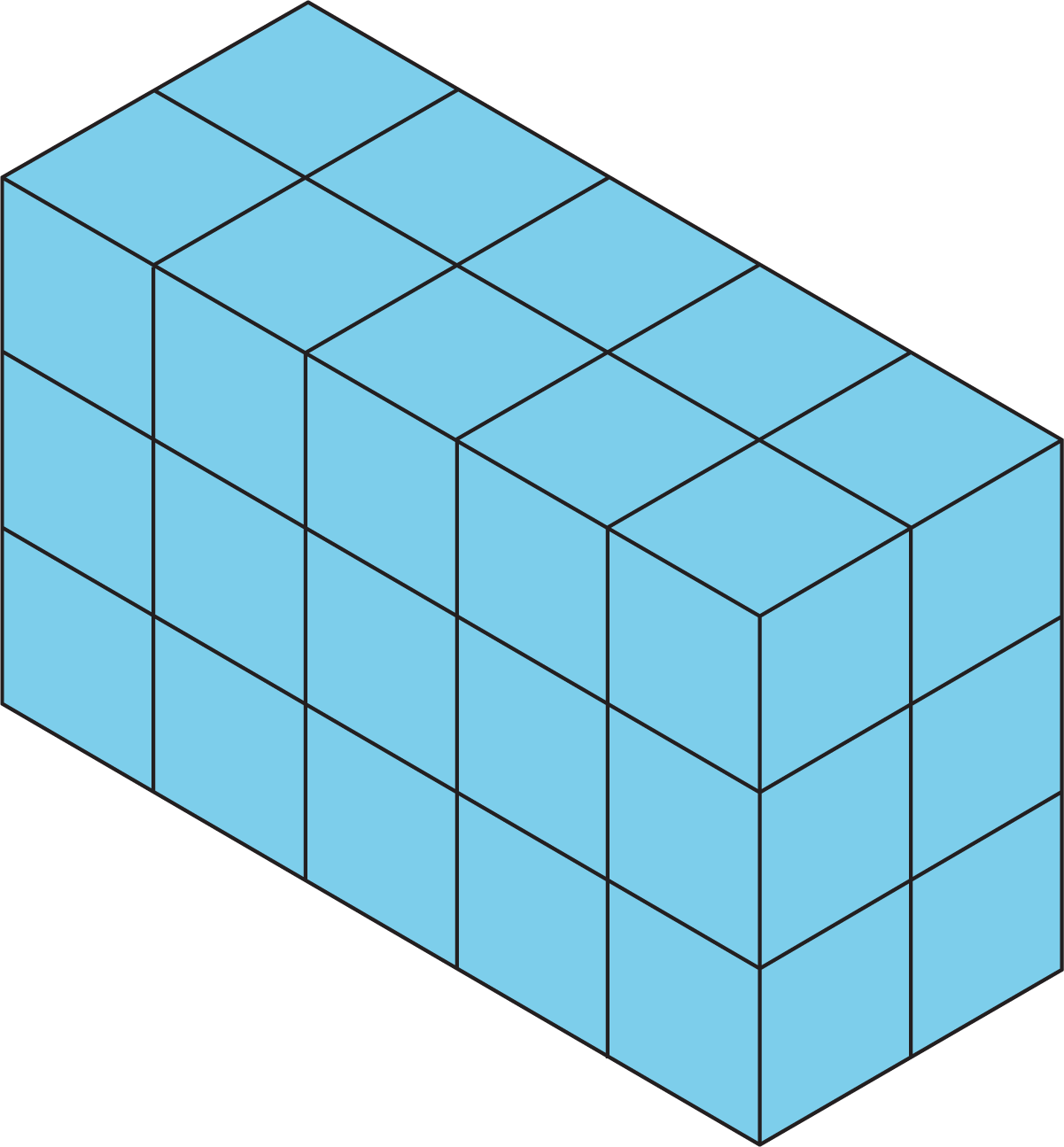 rectangular prism, 3 units high, 2 units wide, and 5 units long.